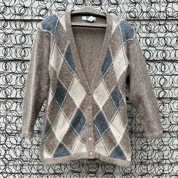 Vintage Sweaters - Vintage 90s Segue Argyle Angora Wool Cardigan sweater tan gray cream Grandpacore
